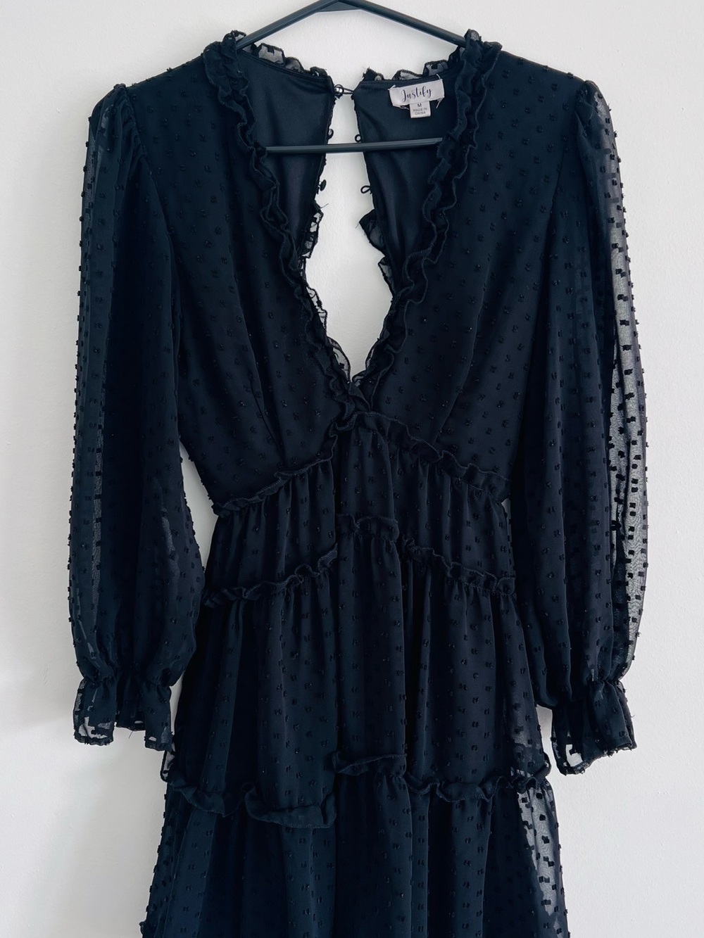 Justify Black Swiss Dot Tiered Long Sleeve Dress